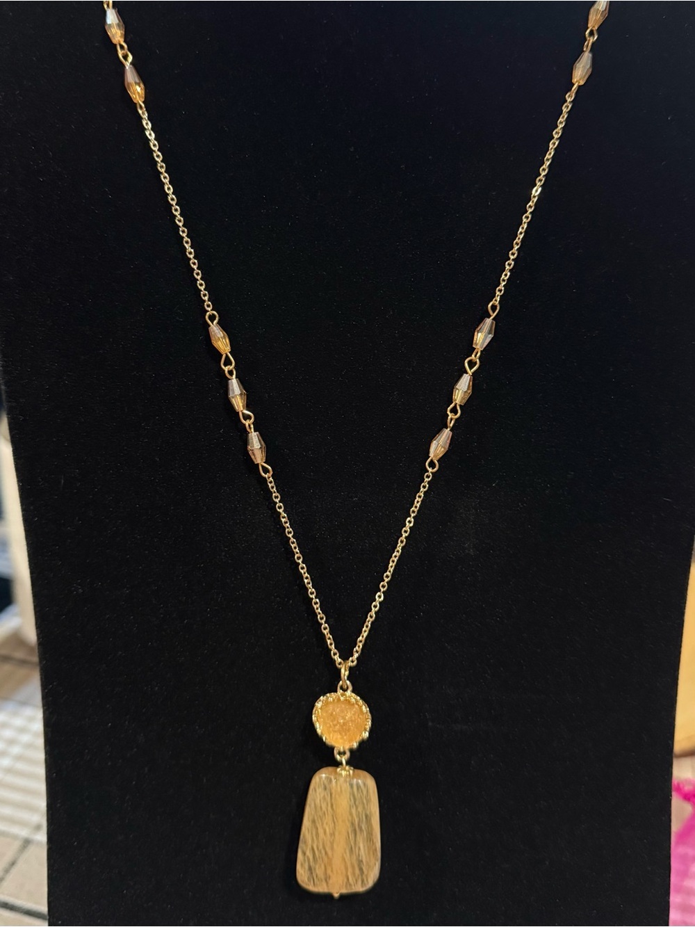 Gold-Tone and Beige Iridescent Beaded Pendant Necklace - Women Jewelry - Picture 1 of 5